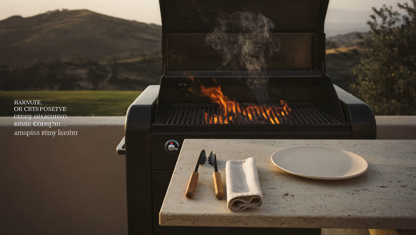 Terrazza in pietra al crepuscolo: griglia in acciaio nero con braci che si spengono, pinze con manico in olivo, lino piegato e un piatto di ceramica vuoto su un tavolo di travertino, colline sfocate sullo sfondo.